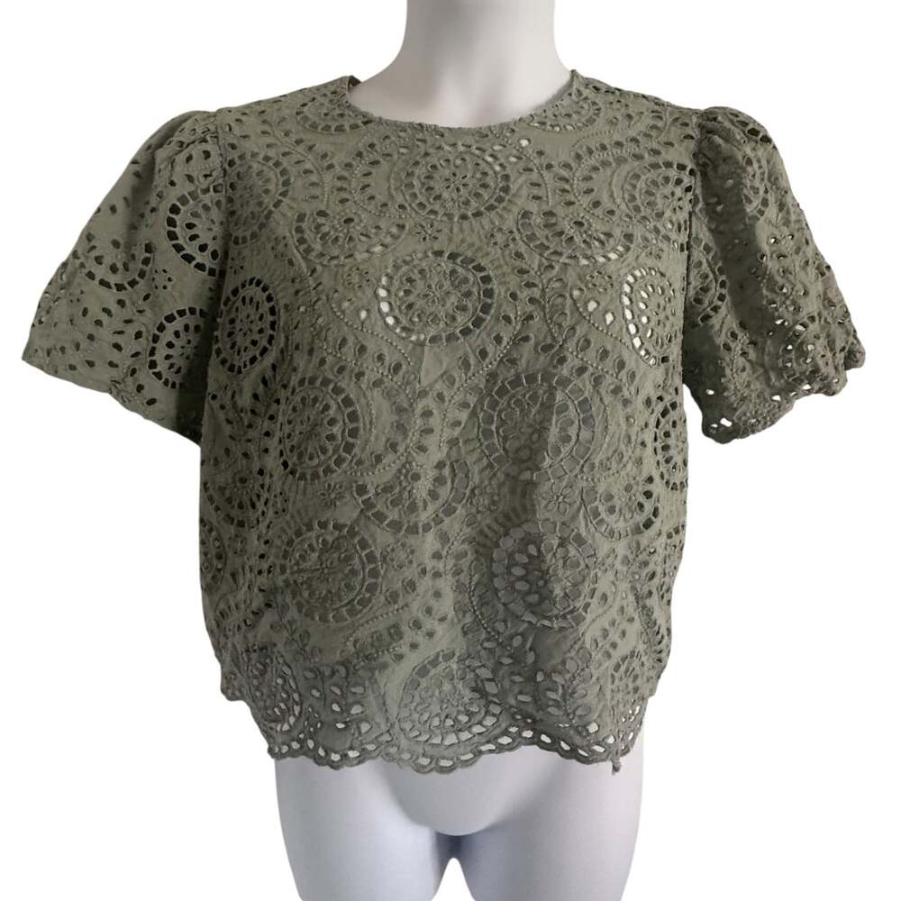 Express Eyelet Top Short Sleeve Blouse Green Circle Pattern Summer Size L *